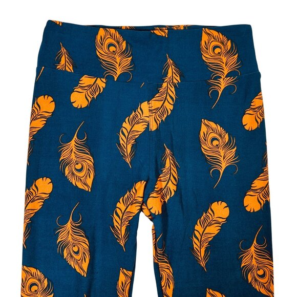LuLaRoe Leggings Navy Blue with Gold Orange Feathers Peacock Ostrich One Size OS - Picture 2 of 6